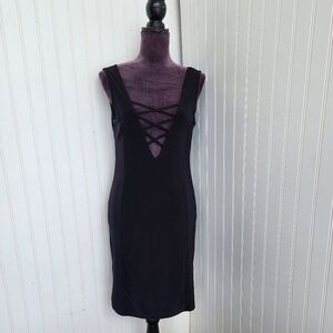 Dice Deep V-Neck Knit Dress Women's Lace Up Sleeveless Straps Stretch Sz M